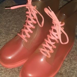 clear pink botton rain boots